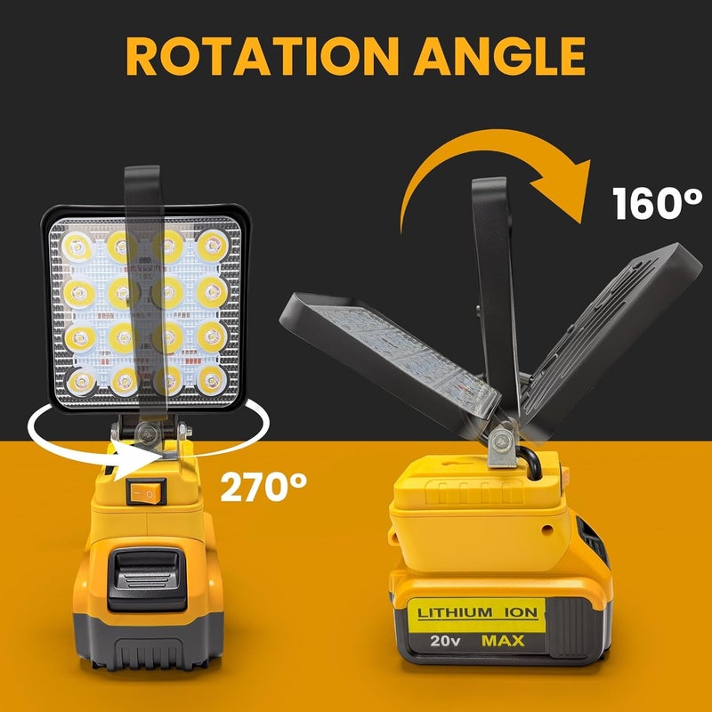 byczone 2pcs Cordless Work Light Compatible with DEWALT 20V Battery.48W 3800LM Wide Beam Flood Light with Two USB Charging Port Flashlight for Emergency,Workshop,Garage.(No Battery) - Image 5
